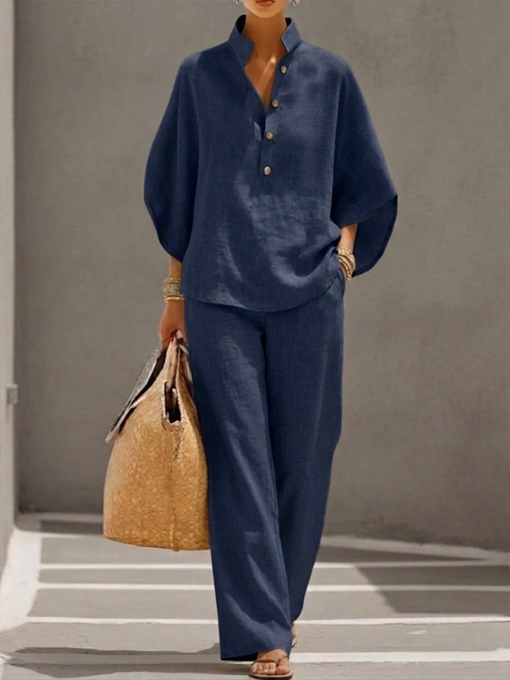 Mariel | Conjunto de algodão e linho com blusa de manga morcego e calças largas