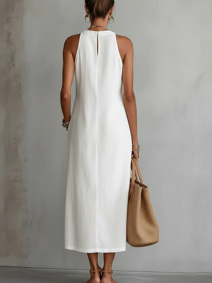 Jimena | Cotton linen midi dress with mandarin collar