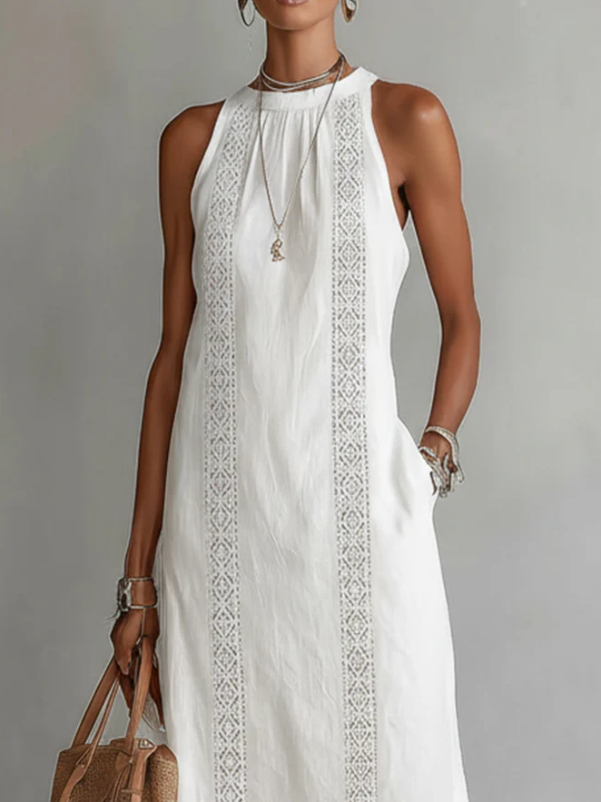 Jimena | Cotton linen midi dress with mandarin collar