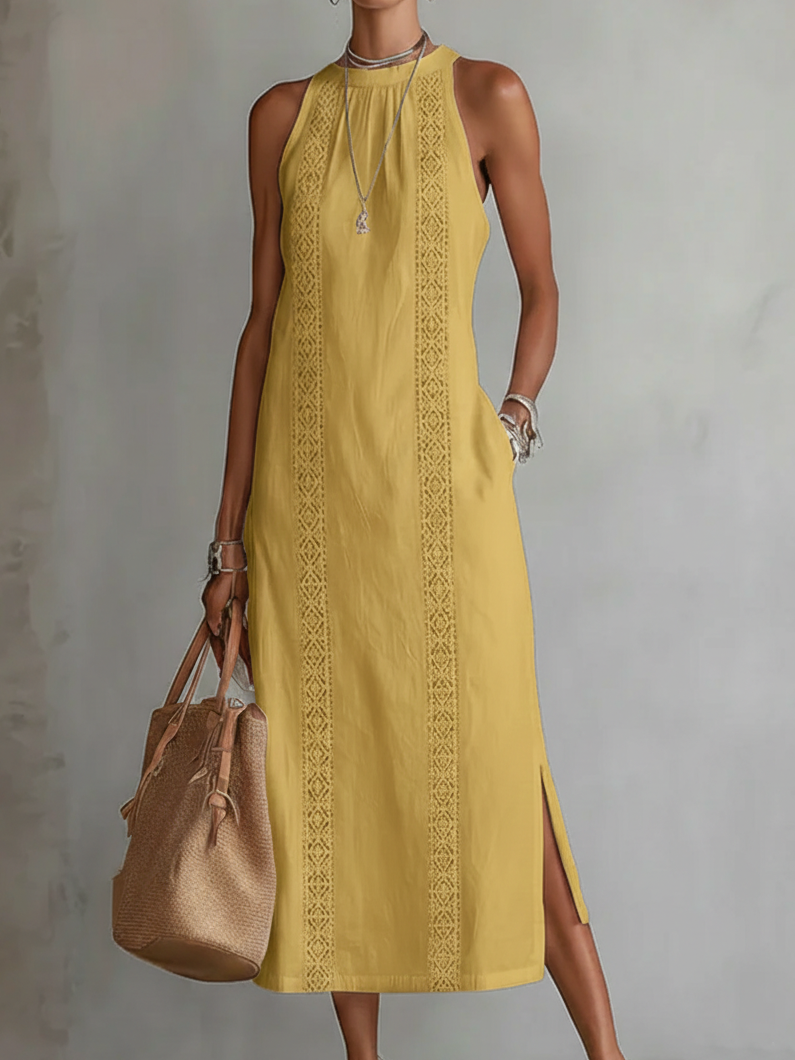 Jimena | Vestido midi bordado relaxante com gola mandarim