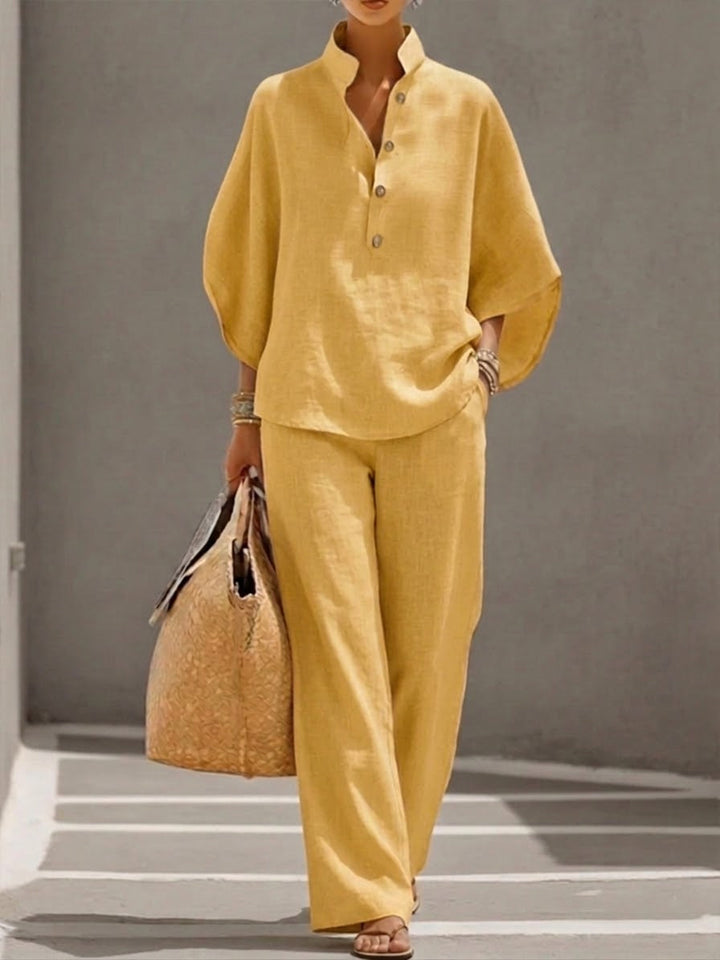 Mariel | Conjunto de algodão e linho com blusa de manga morcego e calças largas