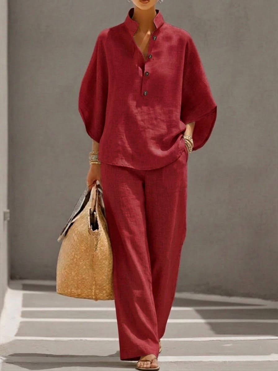 Mariel | Conjunto de algodão e linho com blusa de manga morcego e calças largas