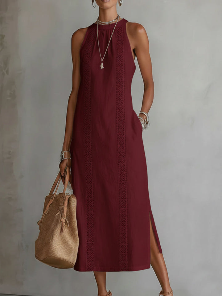Jimena | Vestido midi bordado relaxante com gola mandarim