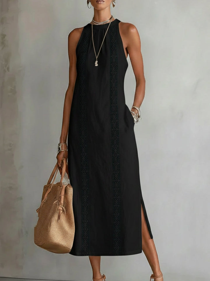 Jimena | Cotton linen midi dress with mandarin collar