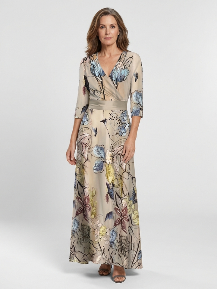 Karoline | Vestido comprido floral com cinto e mangas três quartos