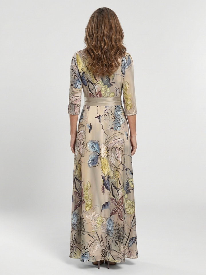 Karoline | Vestido comprido floral com cinto e mangas três quartos