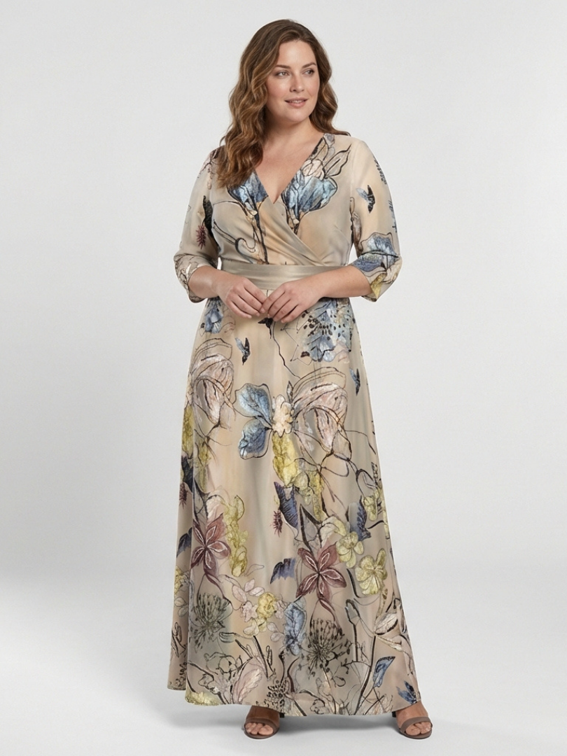 Karoline | Vestido comprido floral com cinto e mangas três quartos