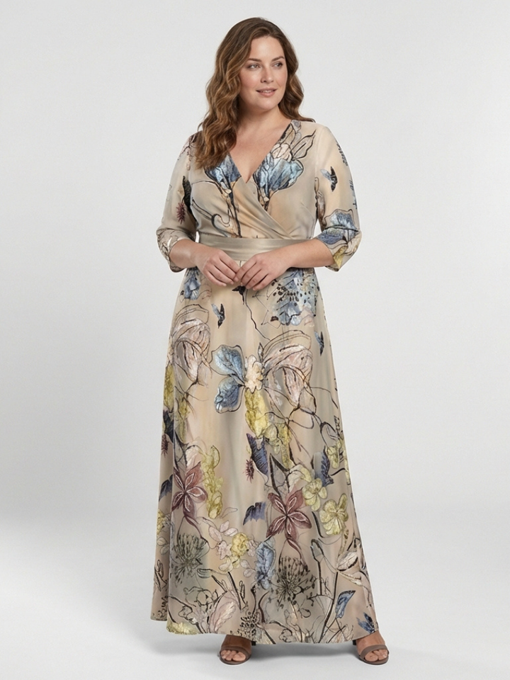 Karoline | Vestido comprido floral com cinto e mangas três quartos