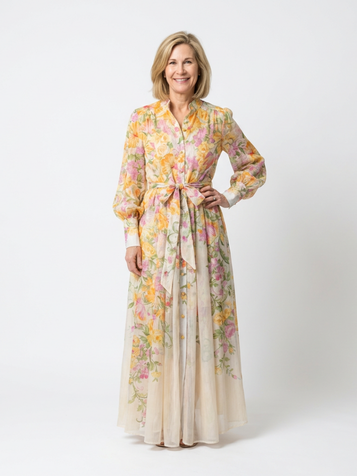 Delfim | Vestido comprido esvoaçante com mangas compridas e motivos florais