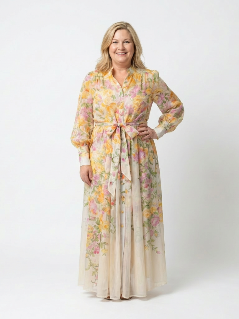 Delfim | Vestido comprido esvoaçante com mangas compridas e motivos florais