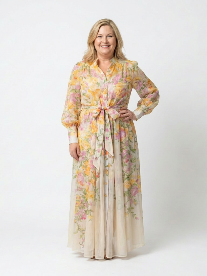 Delfim | Vestido comprido esvoaçante com mangas compridas e motivos florais