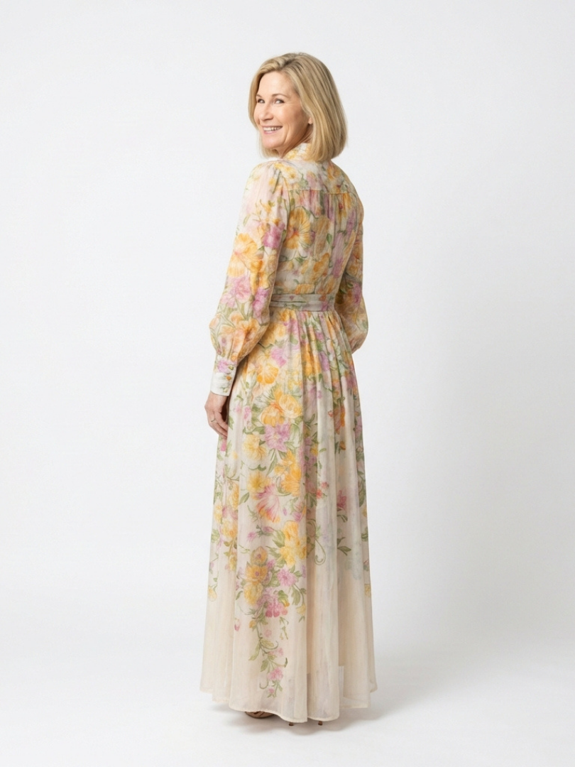 Delfim | Vestido comprido esvoaçante com mangas compridas e motivos florais