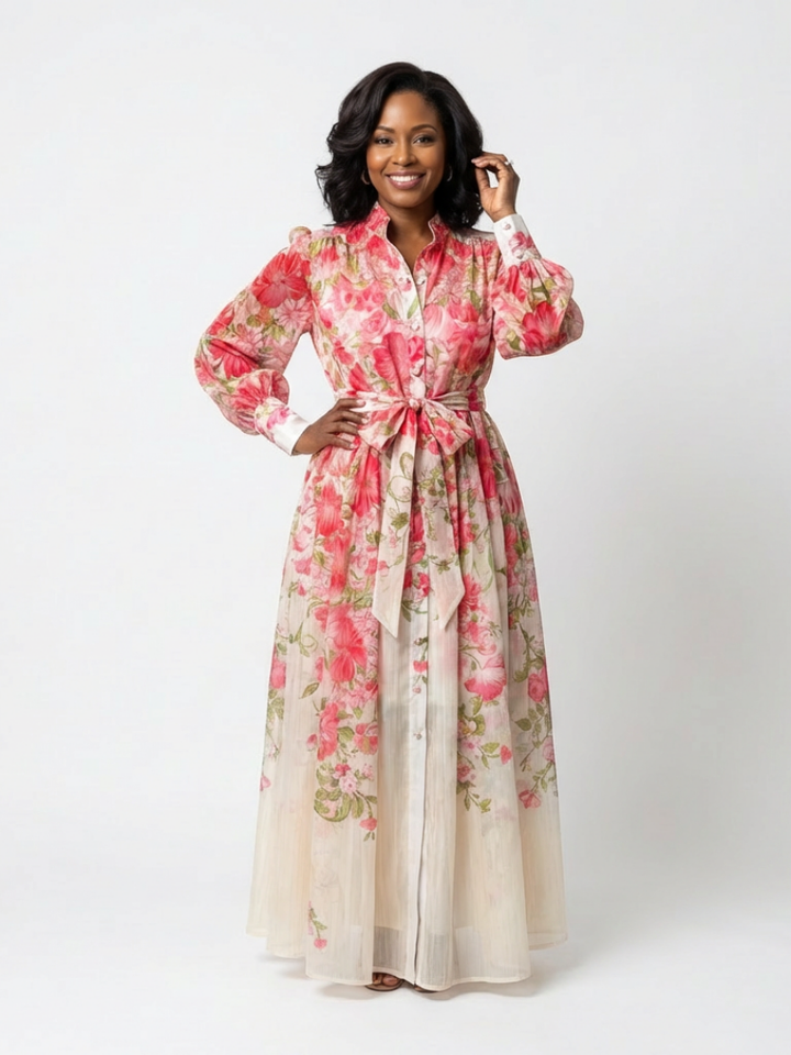 Delfim | Vestido comprido esvoaçante com mangas compridas e motivos florais