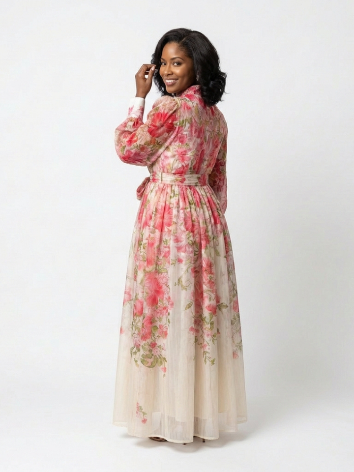 Delfim | Vestido comprido esvoaçante com mangas compridas e motivos florais