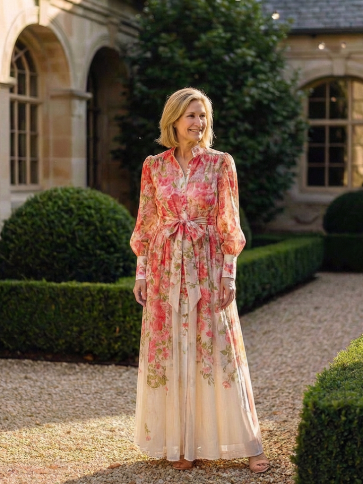 Delfim | Vestido comprido esvoaçante com mangas compridas e motivos florais
