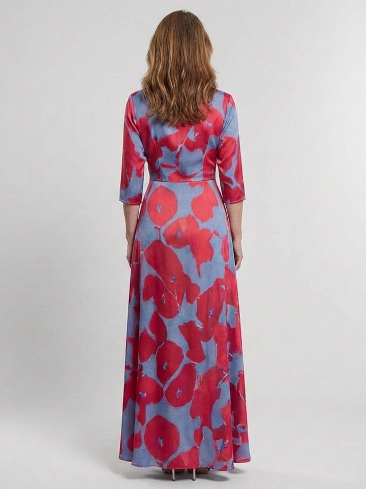 Mari | Maxi vestido com flores e mangas três quartos