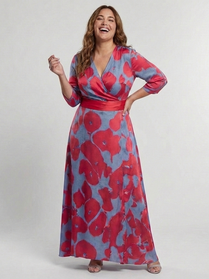 Mari | Maxi vestido com flores e mangas três quartos