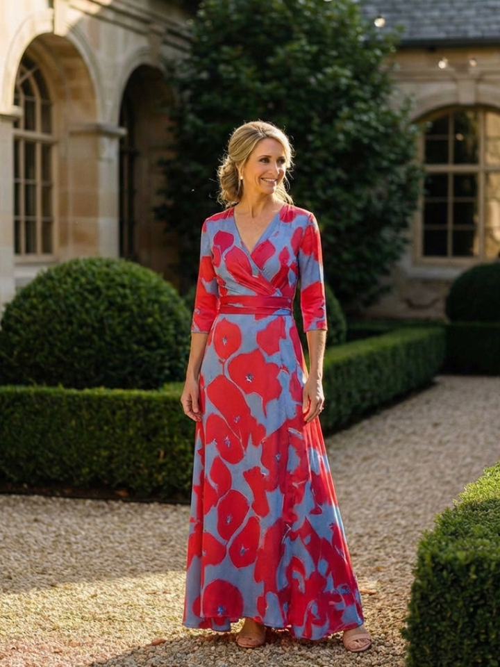 Mari | Maxi vestido com flores e mangas três quartos