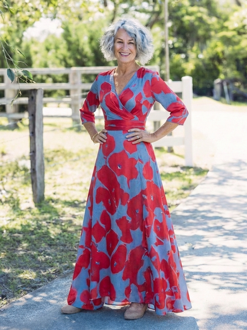 Mari | Maxi vestido com flores e mangas três quartos