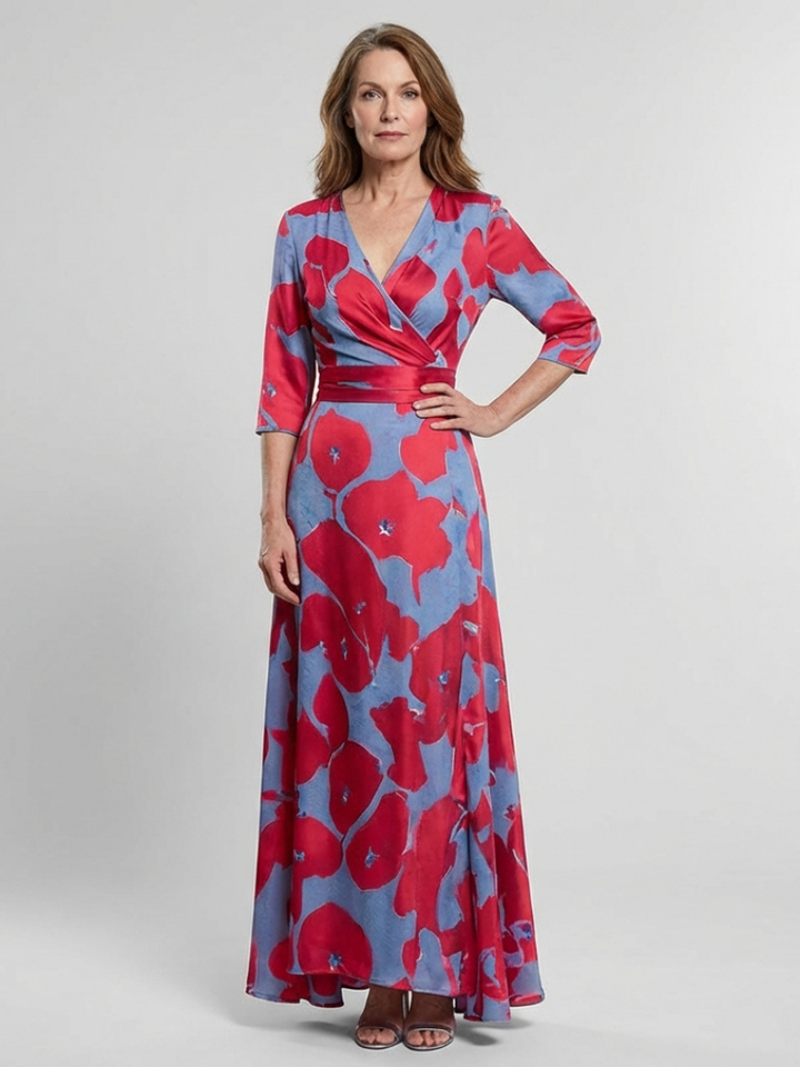 Mari | Maxi vestido com flores e mangas três quartos